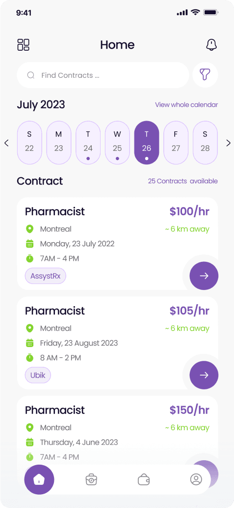 Qwik app home screen: calendar and available contracts