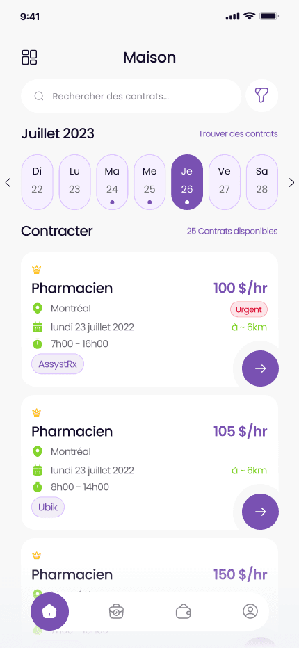 Écran d'accueil de l'application Qwik : calendrier et contrats disponibles