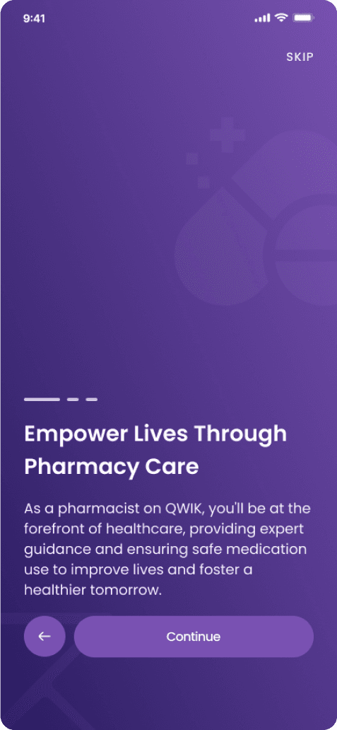 Qwik app welcome screen: pharmacist, technician or owner