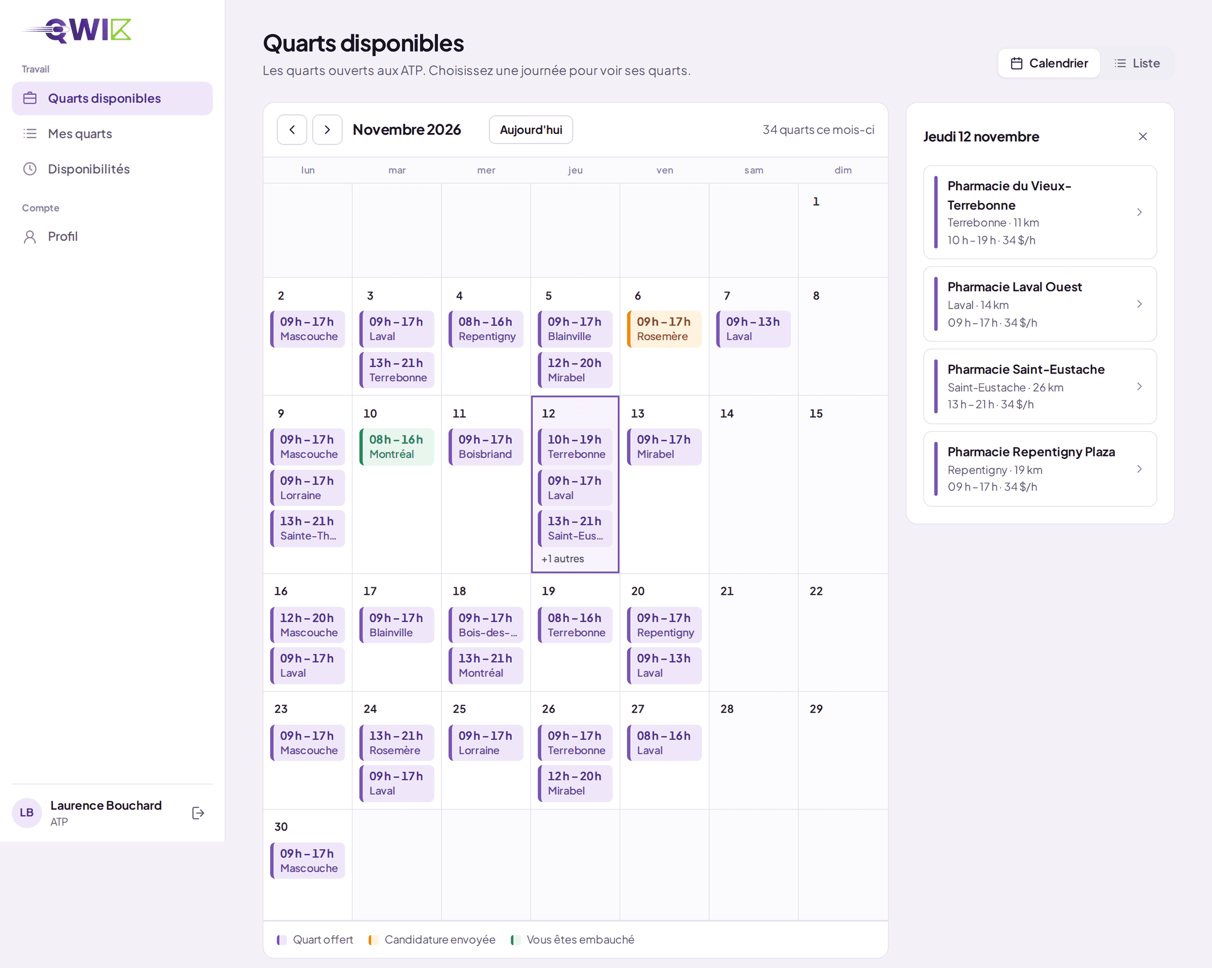 Qwik Web, quarts disponibles pour un ATP : calendrier du mois avec les heures et la ville de chaque quart, et les quarts d'une journée